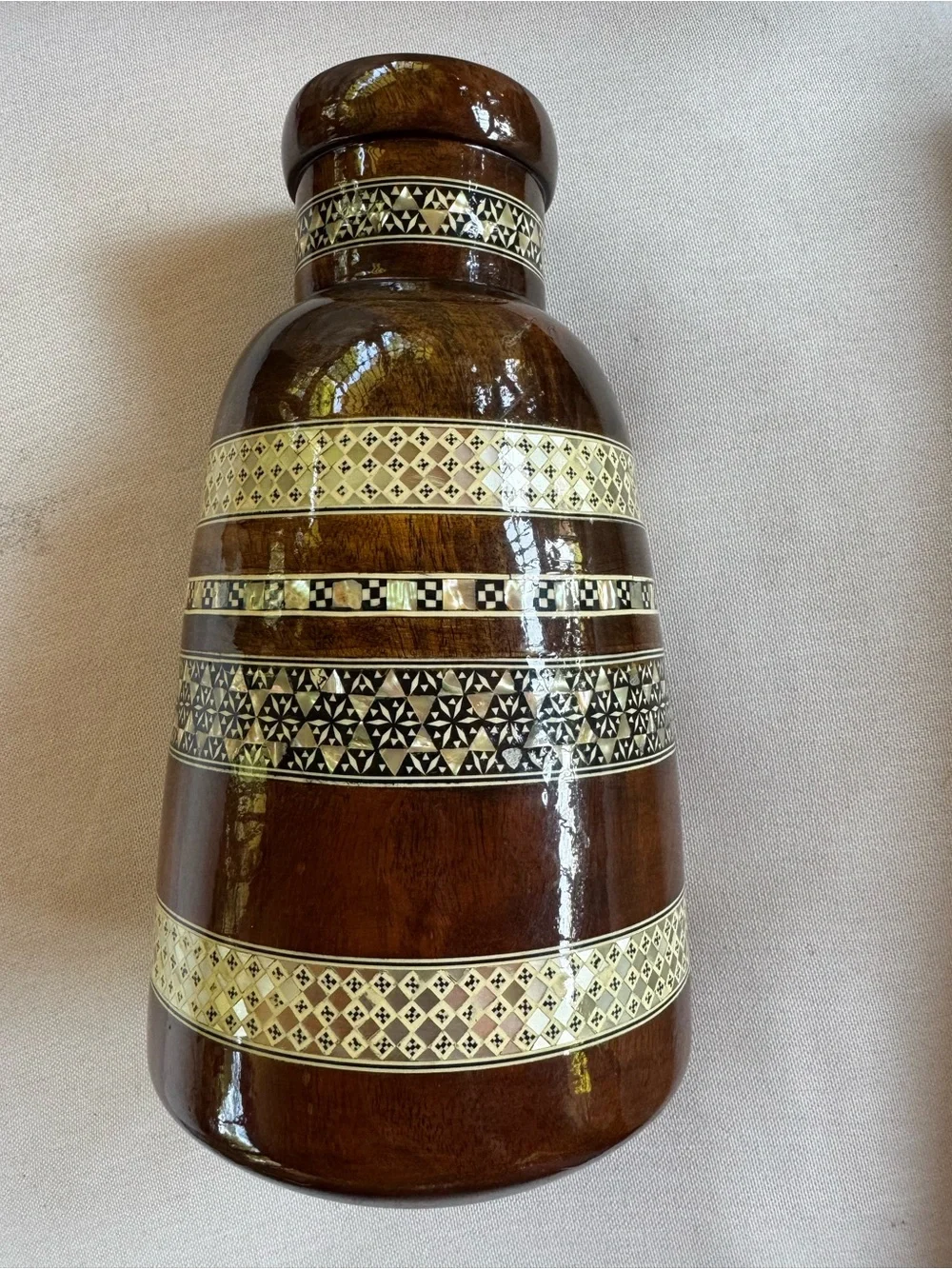 Vintage Mother of Pearl Inlaid Wood Vase 12”